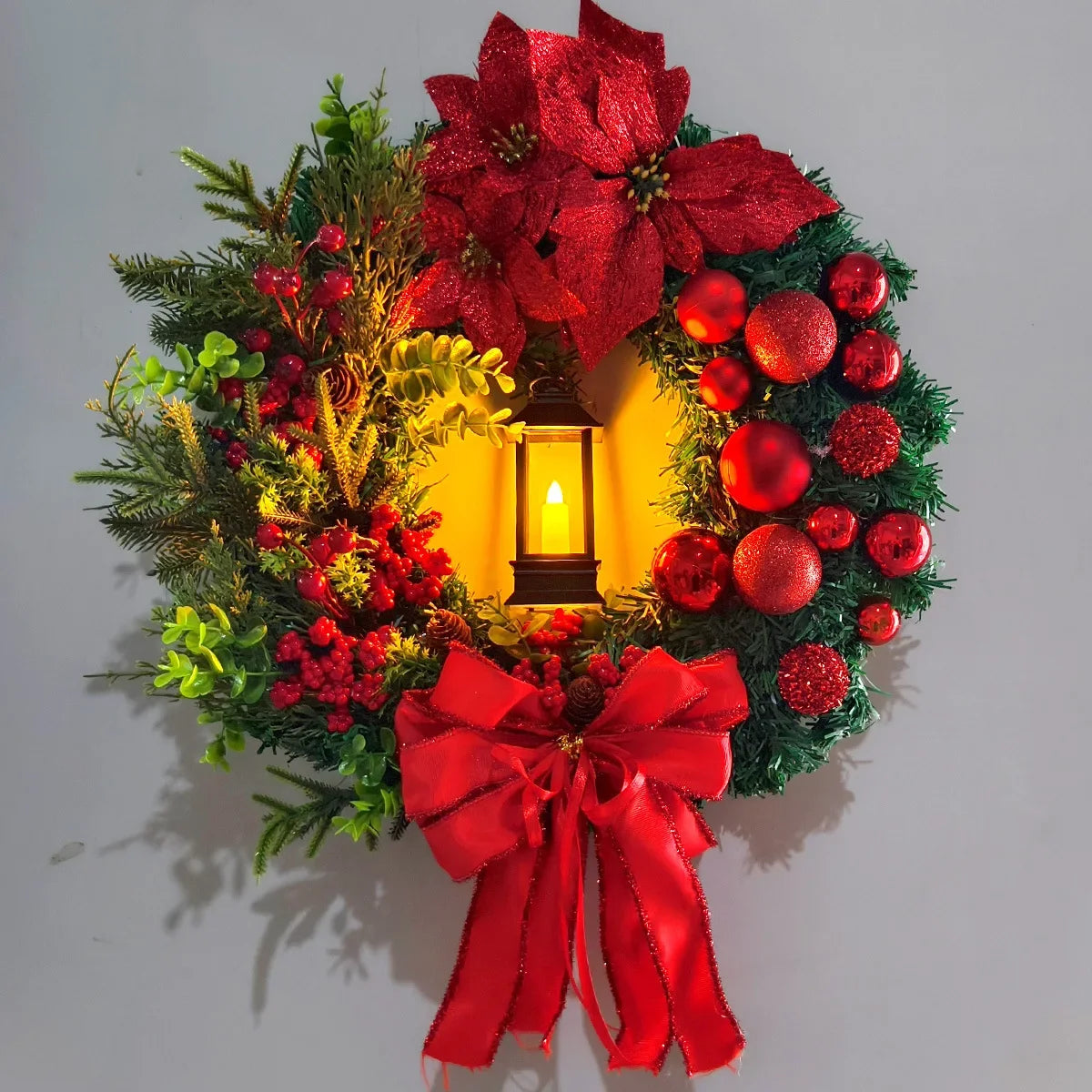 45cm Red Wreath With Lamp with Red Ball and Flower Garland