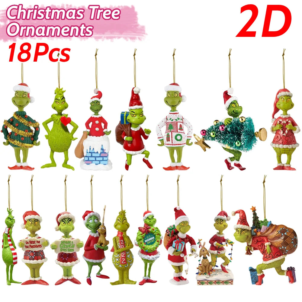 18Pcs 2D Acrylic Christmas Tree  Ornaments Cute Green Monsters