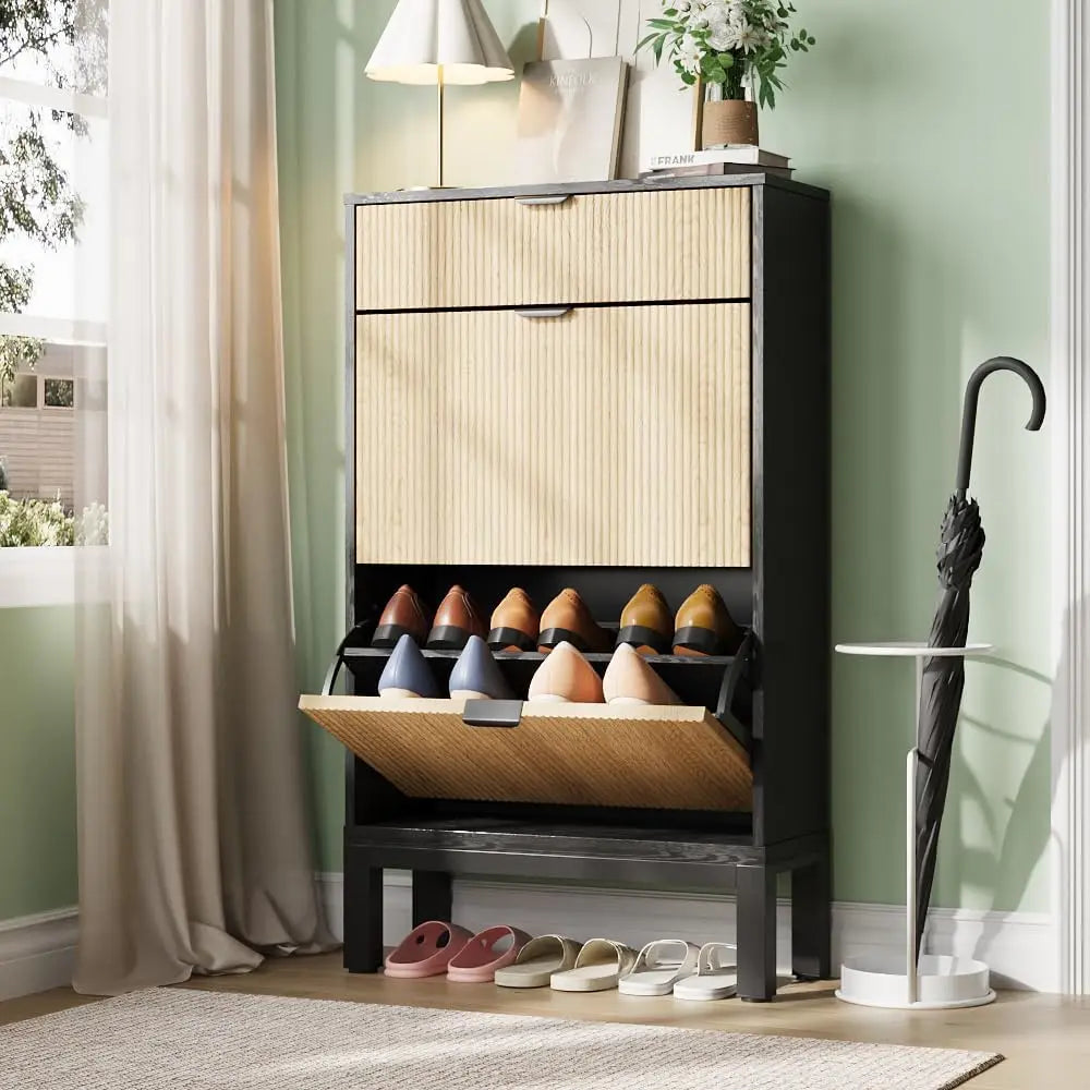 Freestanding Farmhouse Fluted Shoe Storage Cabinet Hidden Slim with 2 Flip Drawers and  Metal Legs