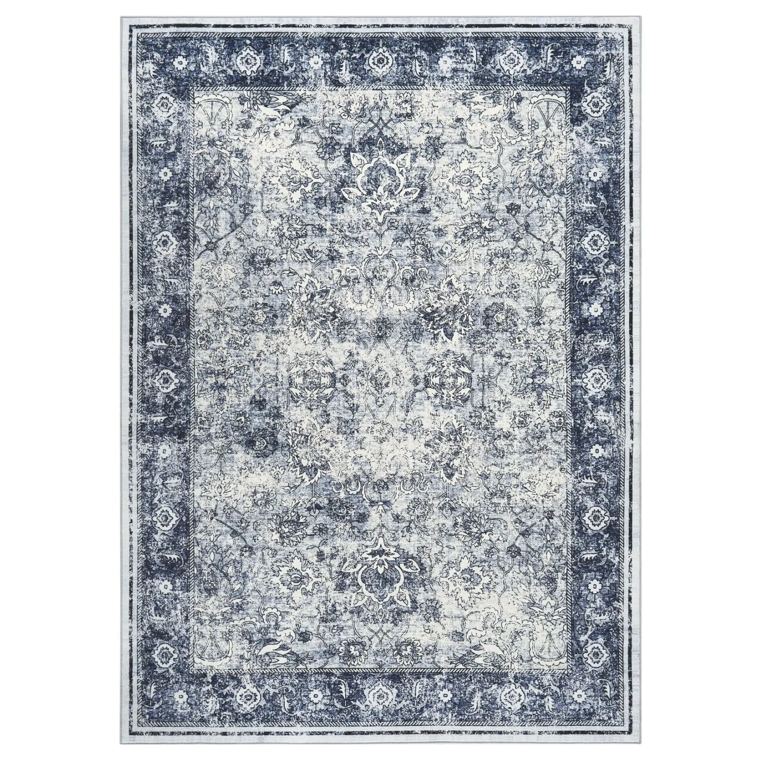 Vintage Retro Washable Area Rug with Distressed Floral Pattern