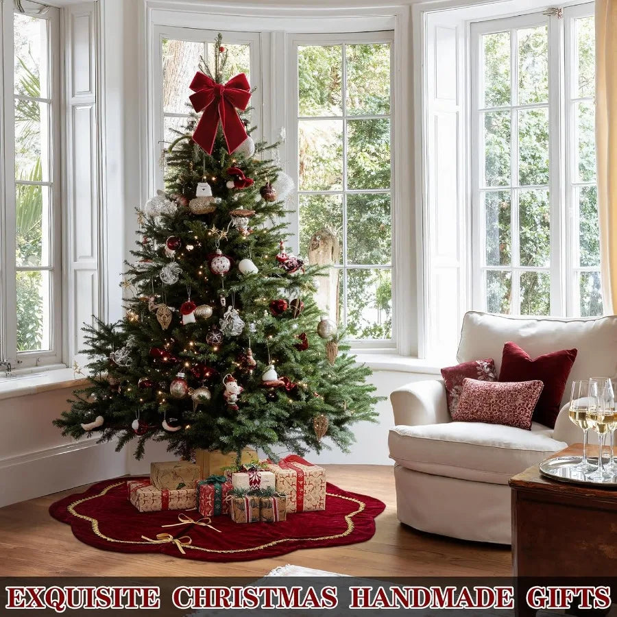 48 Inches Luxury Velvet  Scallop Christmas Tree Skirt with Sparking Gold Lace Trim