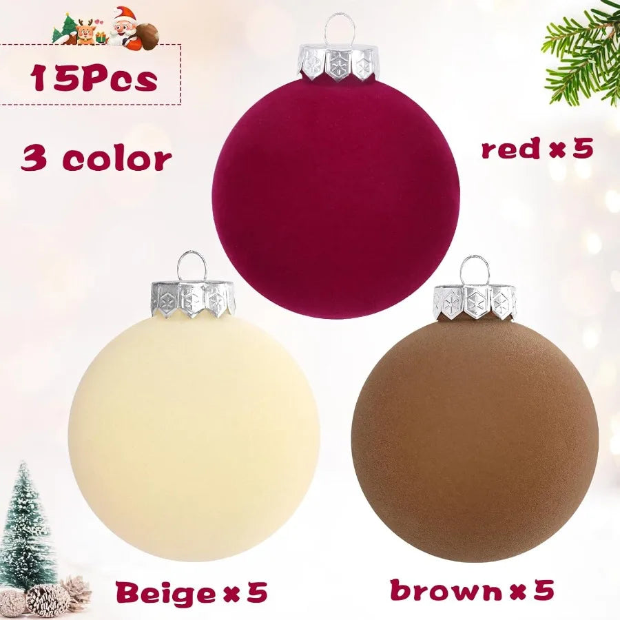 15 Pcs Velvet Christmas Ornaments Balls Set in Brown and Red