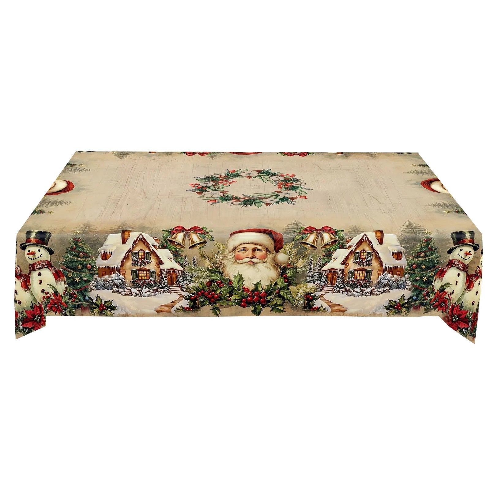 Christmas Tablecloth Featuring Red Snowmen And Christmas Decorations