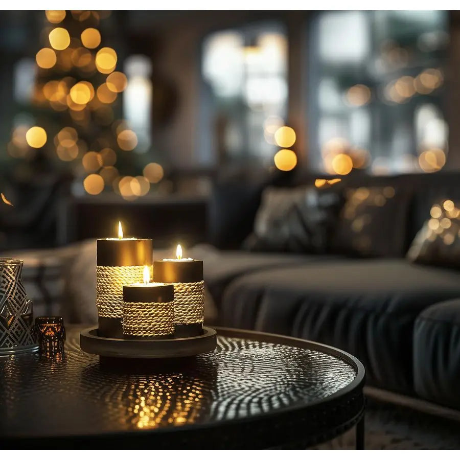 Set of 3 Rustic Black Wooden Tealight Candle Holders with Natural Rope Accent & Tray