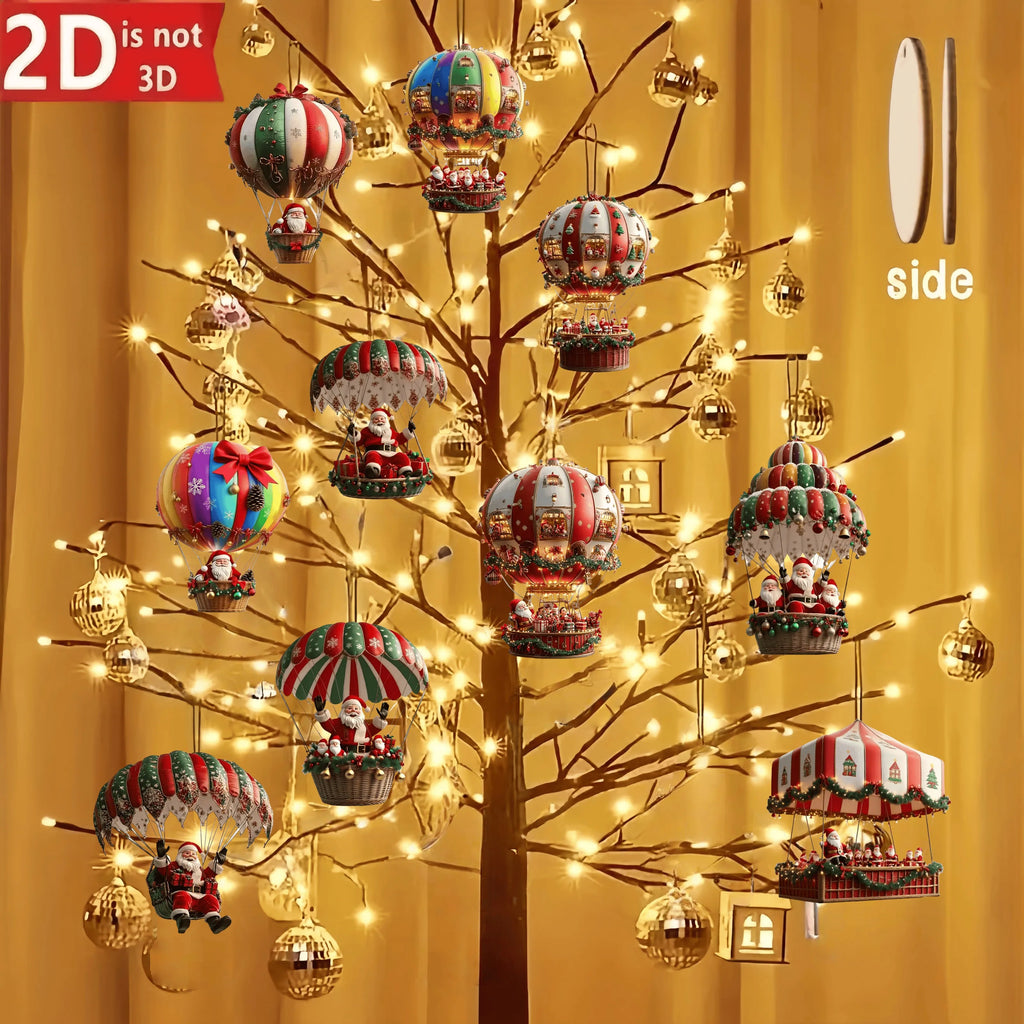 10Pcs 2D Wooden Hot Air Balloon Santa Claus  Pendant Christmas Tree Decoration