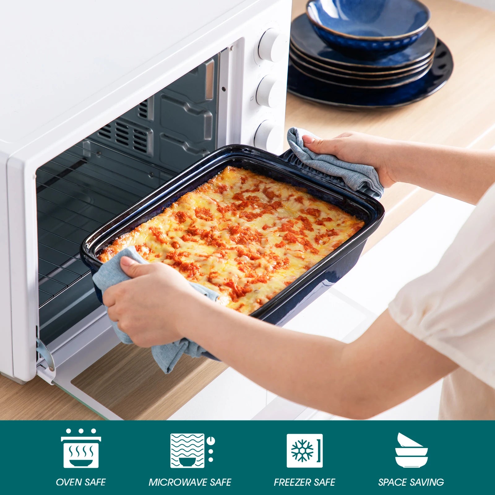 vancasso Starry 3.8/1.9 Quart Blue Casserole Baking Dish large pan with lid Stoneware casserole Microwave