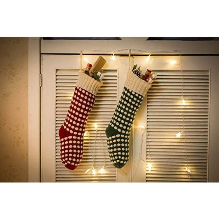 18 Unique Burgundy and Green Knit Christmas Stockings with Dots for Holiday Home Decor