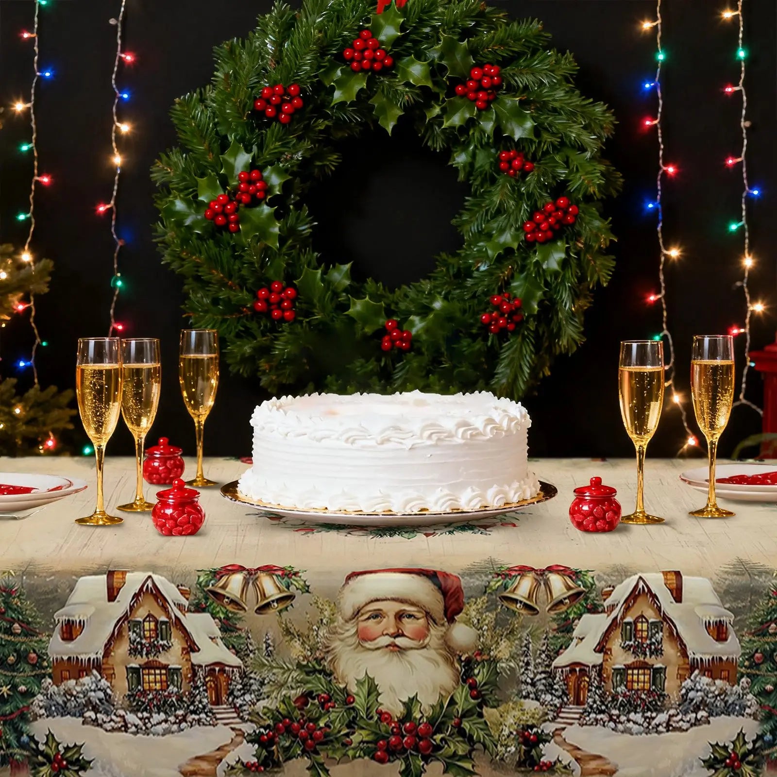 Christmas Tablecloth Featuring Red Snowmen And Christmas Decorations