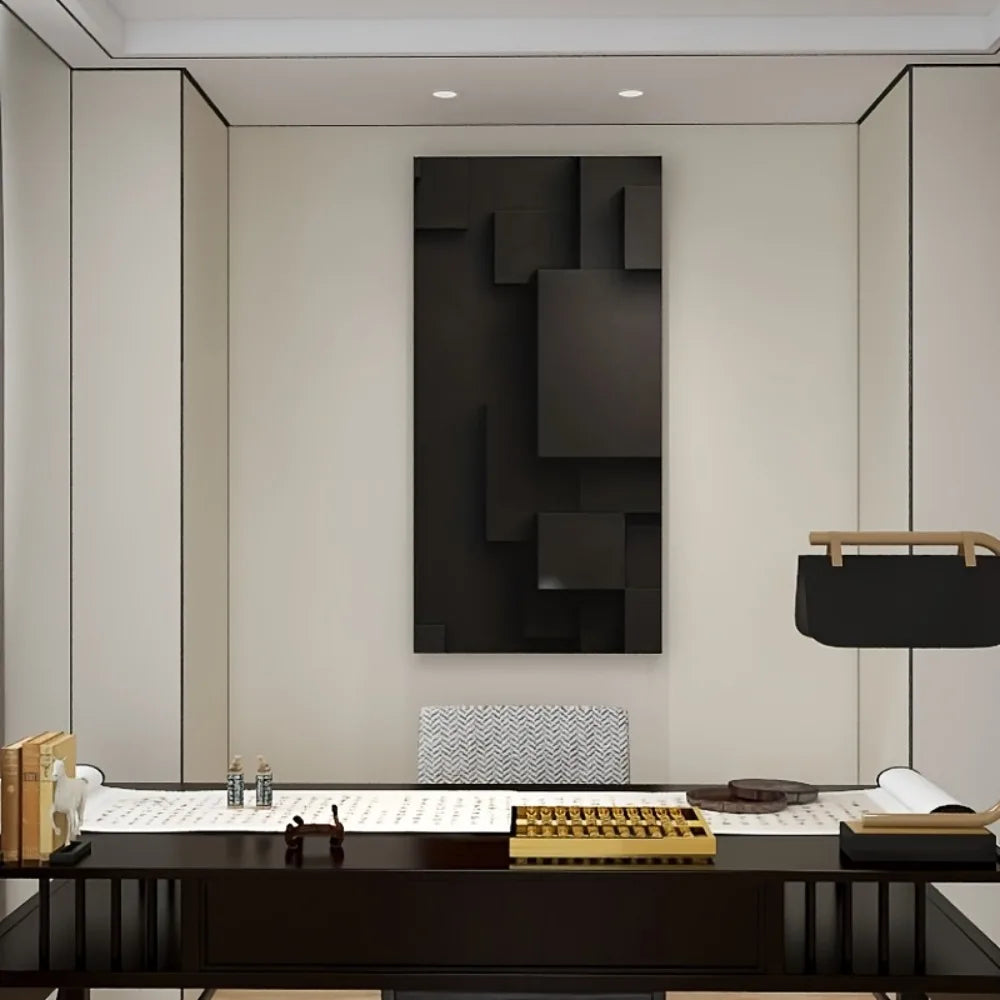 Large  black abstract geometric mural canvas - modern 3D block design,1.5 "thick pine solid wood frame