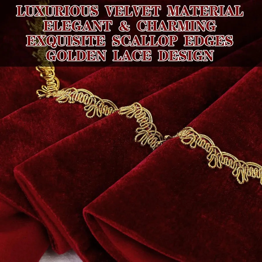 48 Inches Luxury Velvet  Scallop Christmas Tree Skirt with Sparking Gold Lace Trim