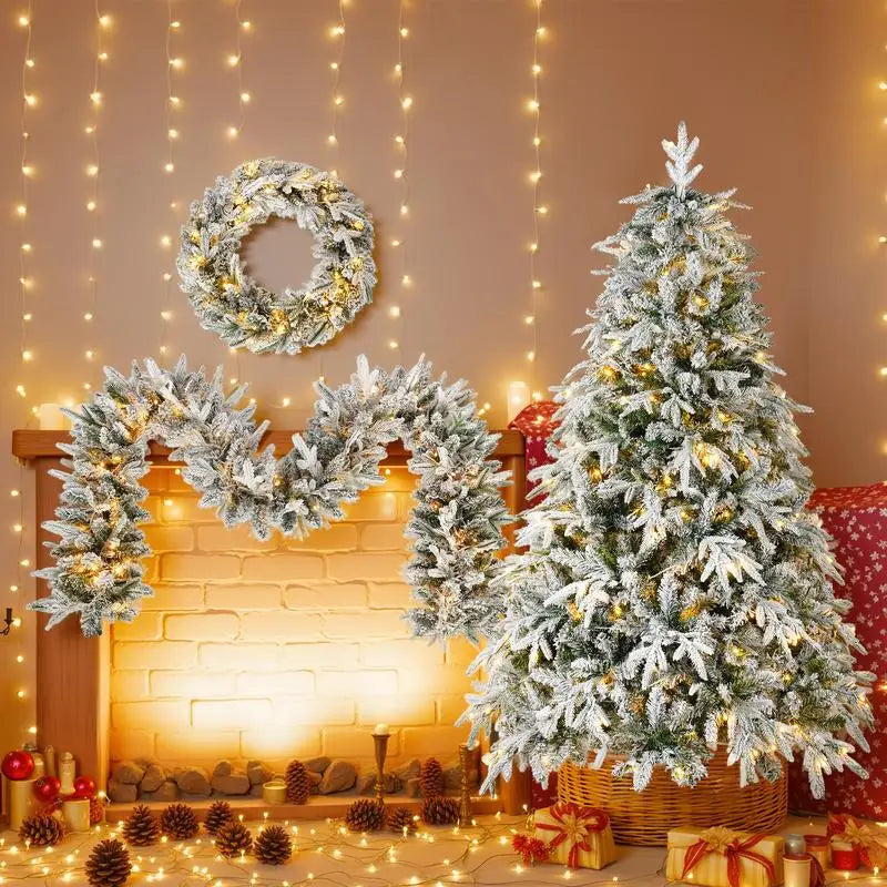 Snow Flocked Christmas Wreath, Garland, and Tree Set with Warm LED Lights
