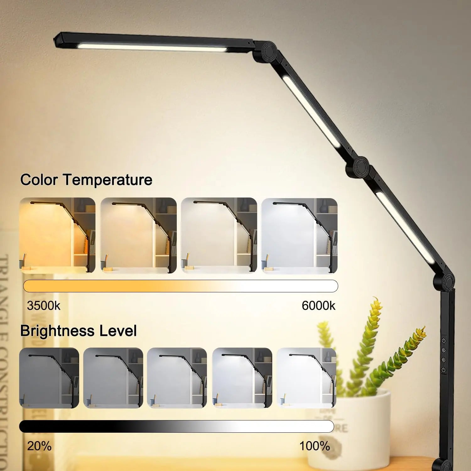 LED Desk Lamp with Clamp Flexible Swing Arm, 4 sections, 3 light sources , 4 Color Modes & 5 Brightness