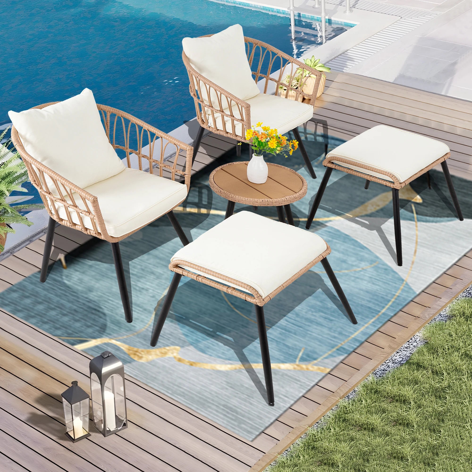5 Piece Patio Furniture Set, All-Weather PE Rattan Chairs with Ottoman & Coffee Table