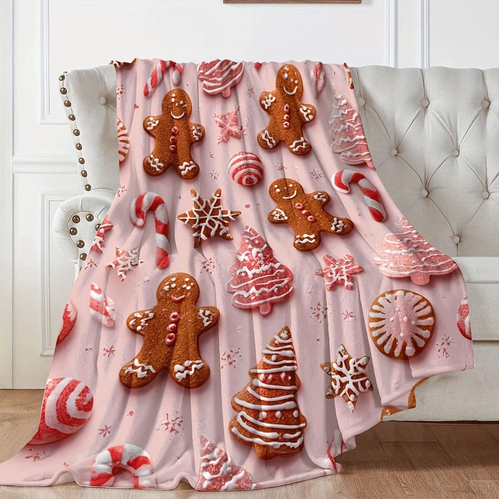 1pc Soft Pink Gingerbread men & Candy stripes Flannel Throw Blanket