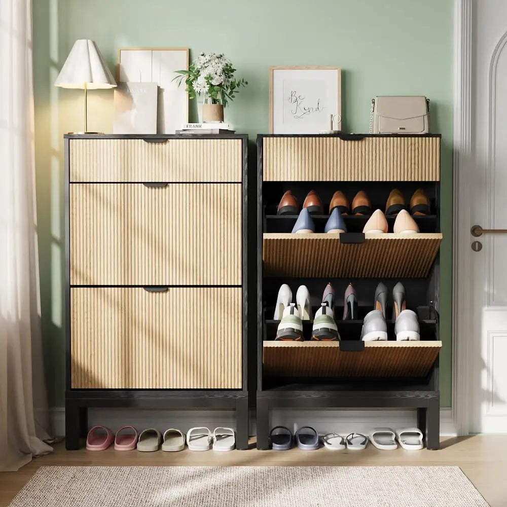 Freestanding Farmhouse Fluted Shoe Storage Cabinet Hidden Slim with 2 Flip Drawers and  Metal Legs