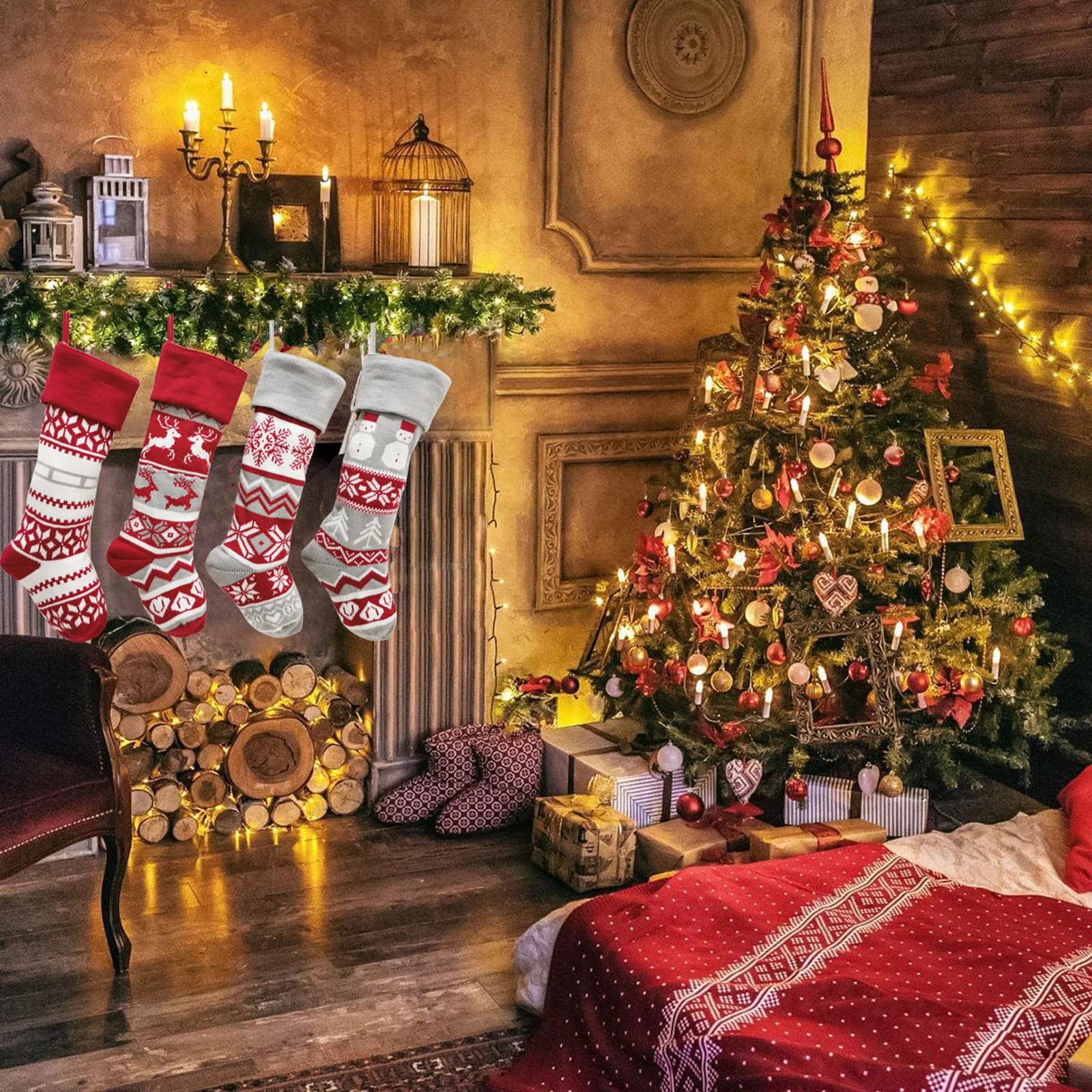 Christmas Decorations Wool Socks Red And Gray Elk Knitted Socks/ Children's Gift Bags