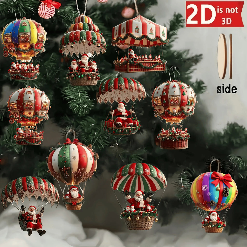 10Pcs 2D Wooden Hot Air Balloon Santa Claus  Pendant Christmas Tree Decoration