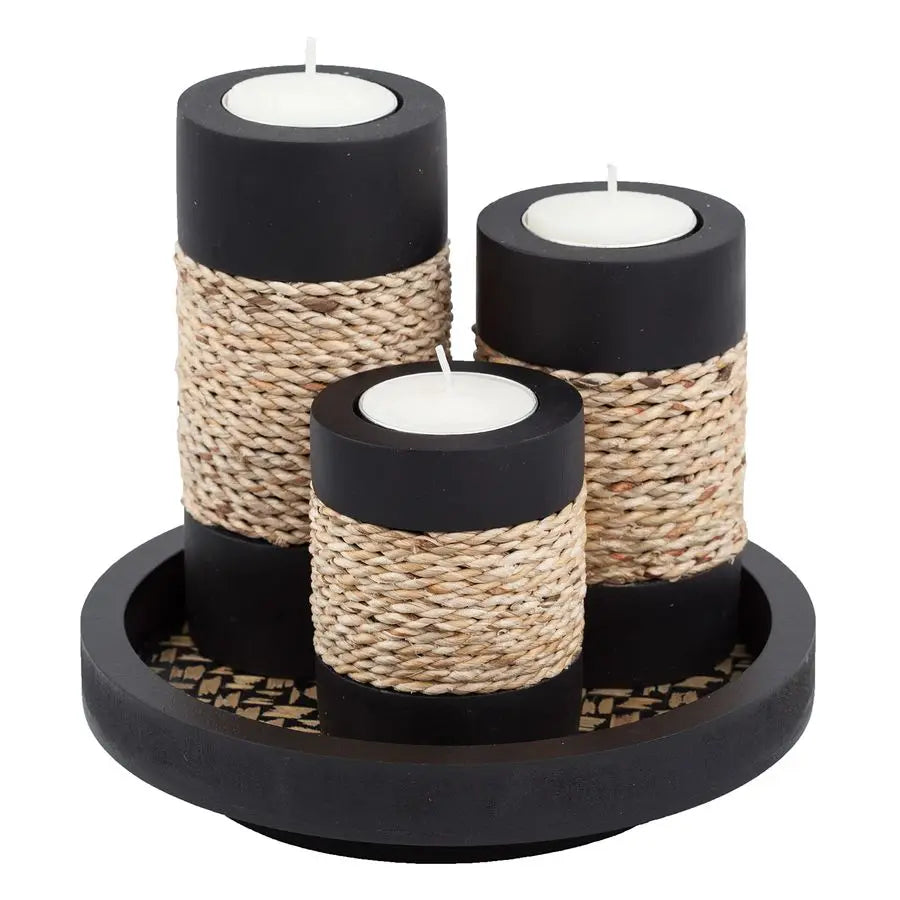 Set of 3 Rustic Black Wooden Tealight Candle Holders with Natural Rope Accent & Tray