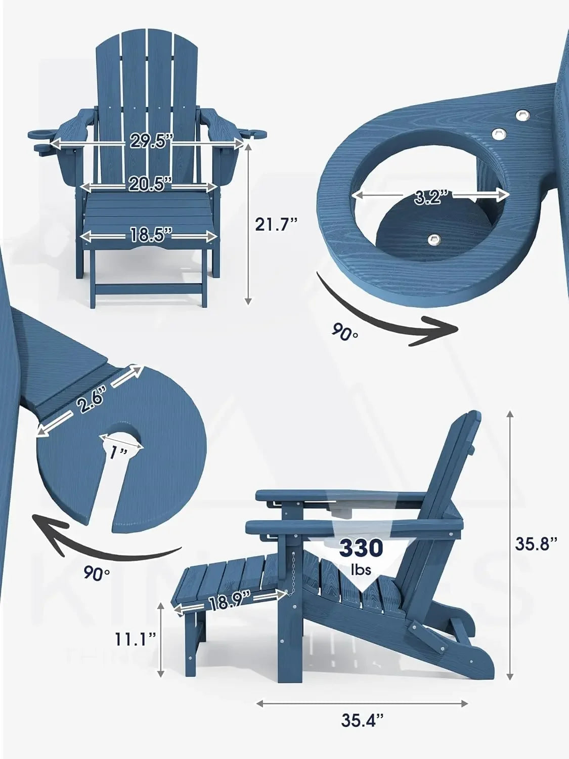 Folding Adjustable Adirondack Chairs with Ottoman & 2 Cup Holders