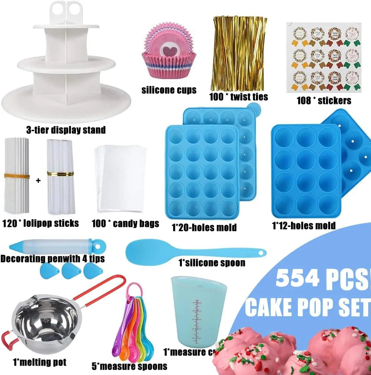 Silicone Cake Pop- Lollipop Molds  with 3 Tier Display Stand | Chocolate Candy Melting Pot