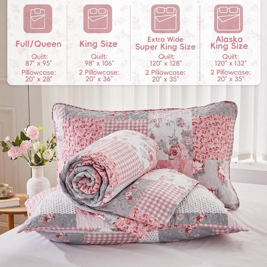 Pink Full Queen Size Quilt Set with Floral Plaid Patchwork Design in Grey Grid Pattern