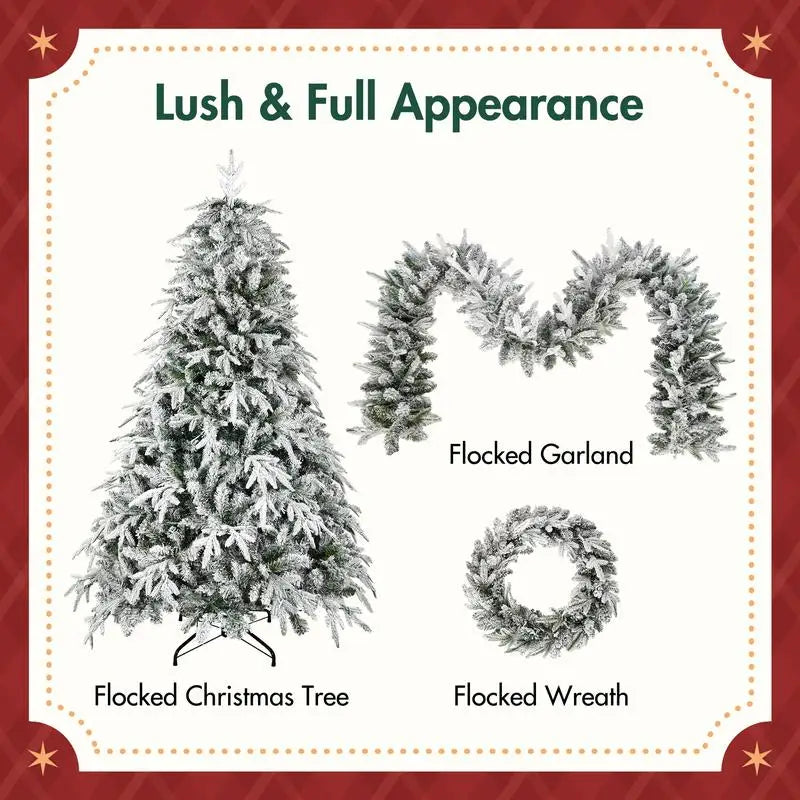Snow Flocked Christmas Wreath, Garland, and Tree Set with Warm LED Lights