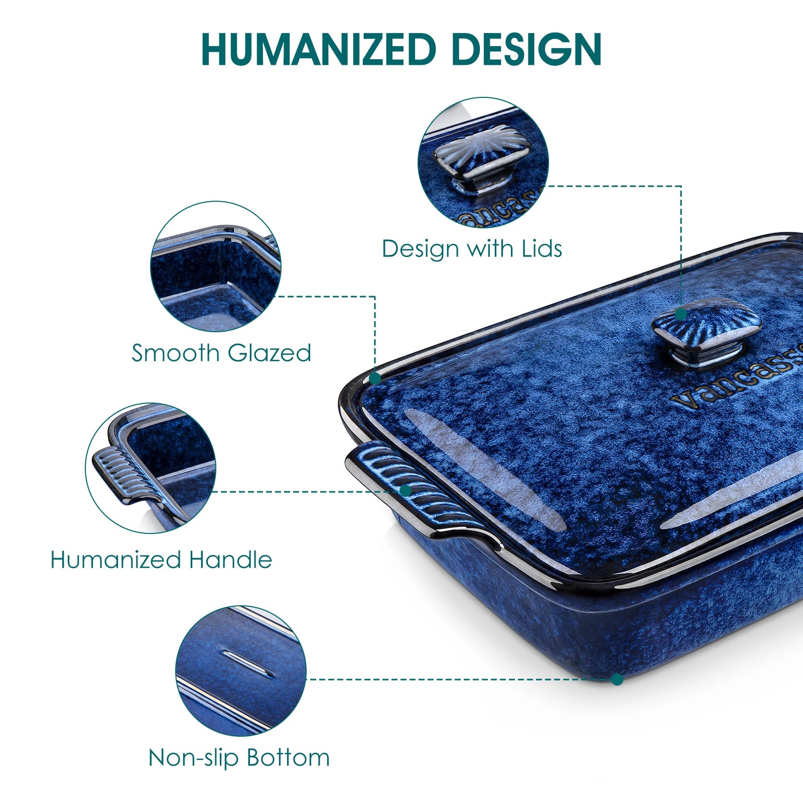 vancasso Starry 3.8/1.9 Quart Blue Casserole Baking Dish large pan with lid Stoneware casserole Microwave