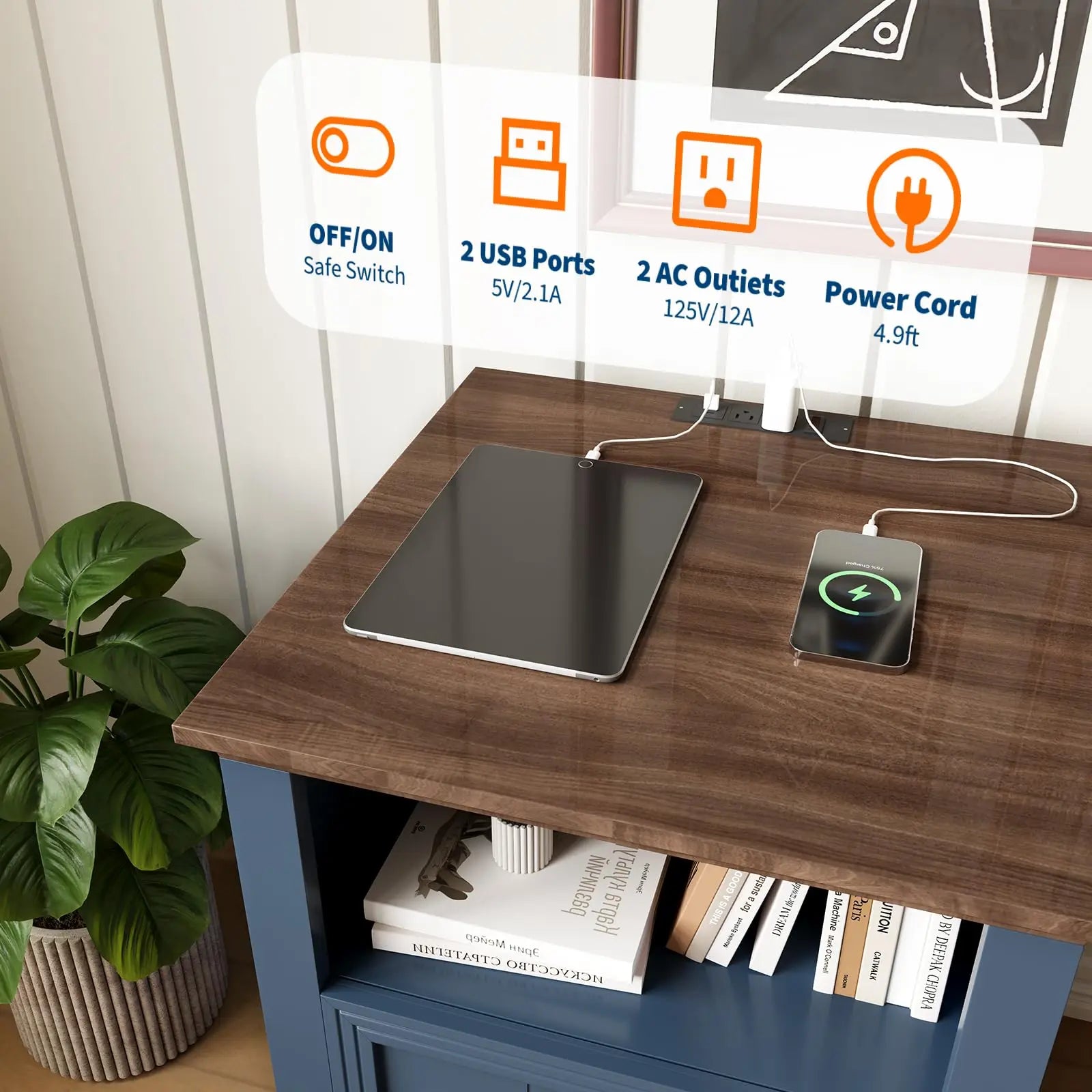18" Modern Farmhouse Nightstand with Charging Station