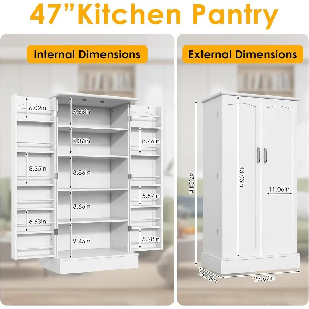 White Freestanding Pantry Cabinet with Doors and Adjustable Shelves