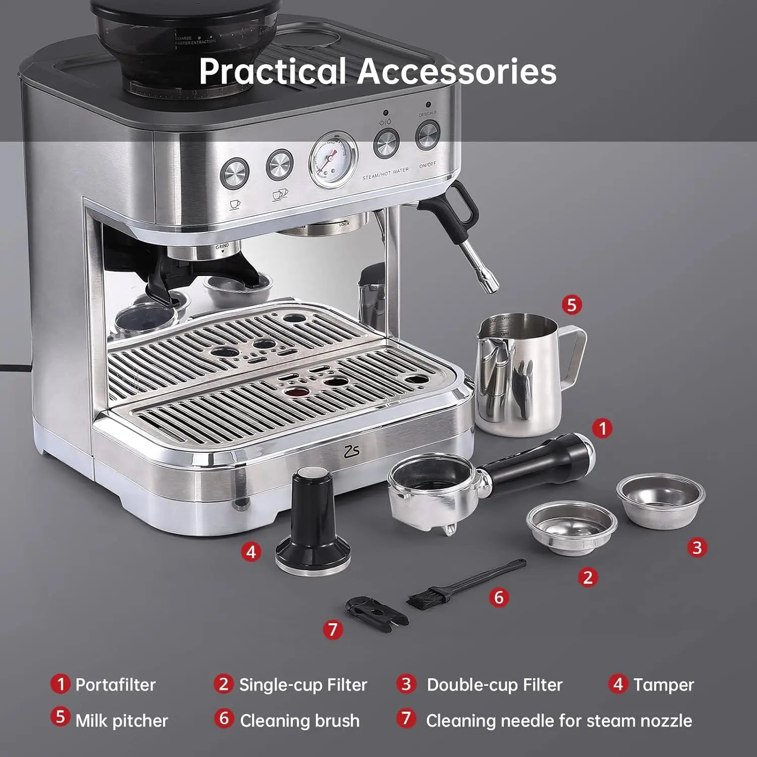 Stainless Steel Coffee Machine/Cappuccino Latte Maker  with Milk Frother& Grinder