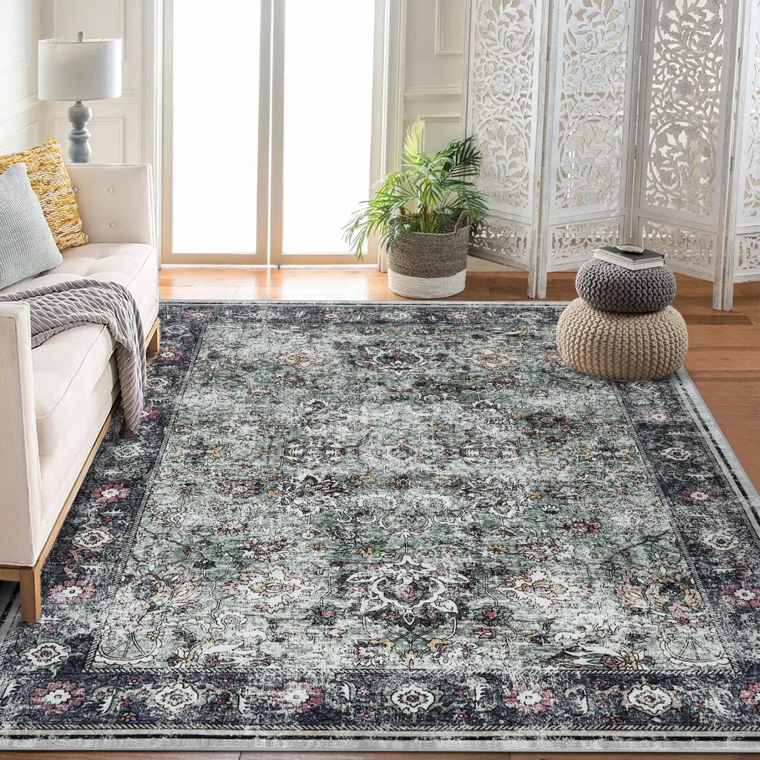 Vintage Retro Washable Area Rug with Distressed Floral Pattern