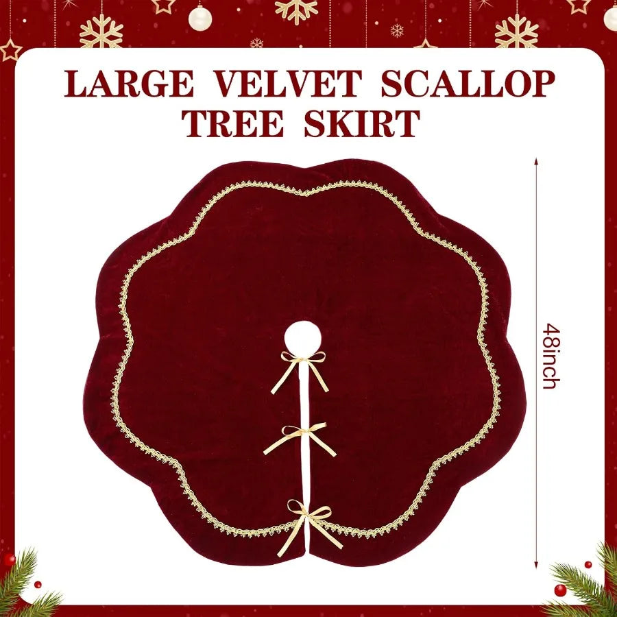 48 Inches Luxury Velvet  Scallop Christmas Tree Skirt with Sparking Gold Lace Trim