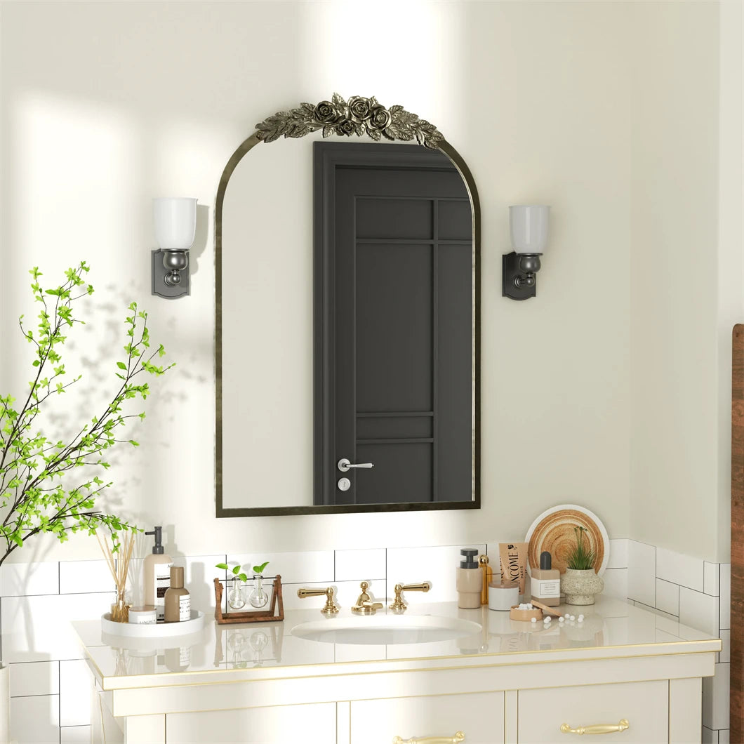 Arched Brass Mirror with Flower Relief Metal Edge Frame