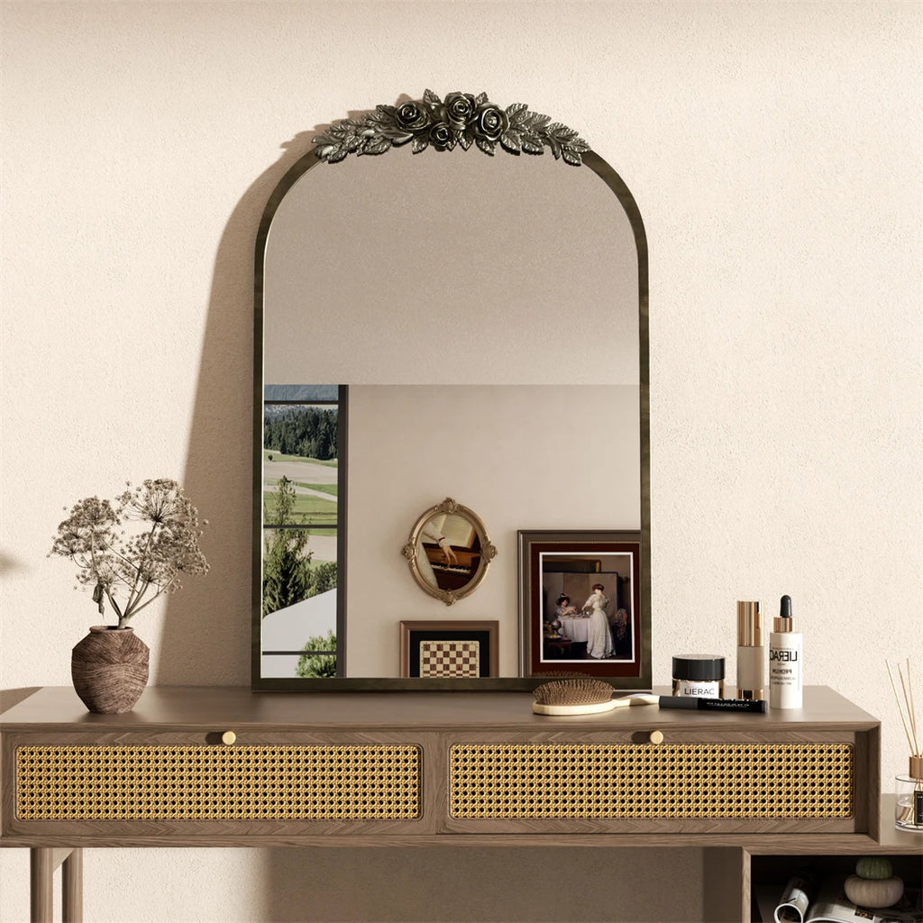 Arched Brass Mirror with Flower Relief Metal Edge Frame