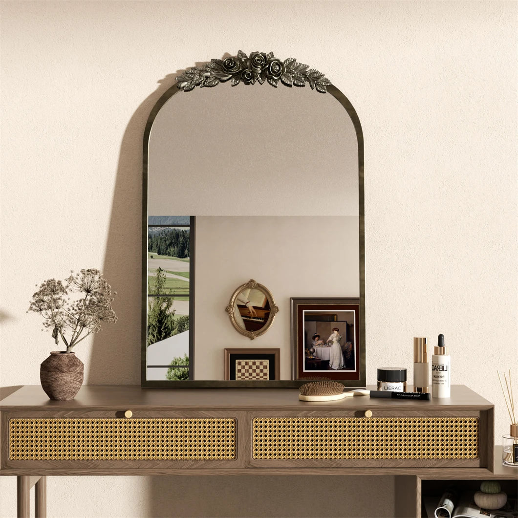 Arched Brass Mirror with Flower Relief Metal Edge Frame