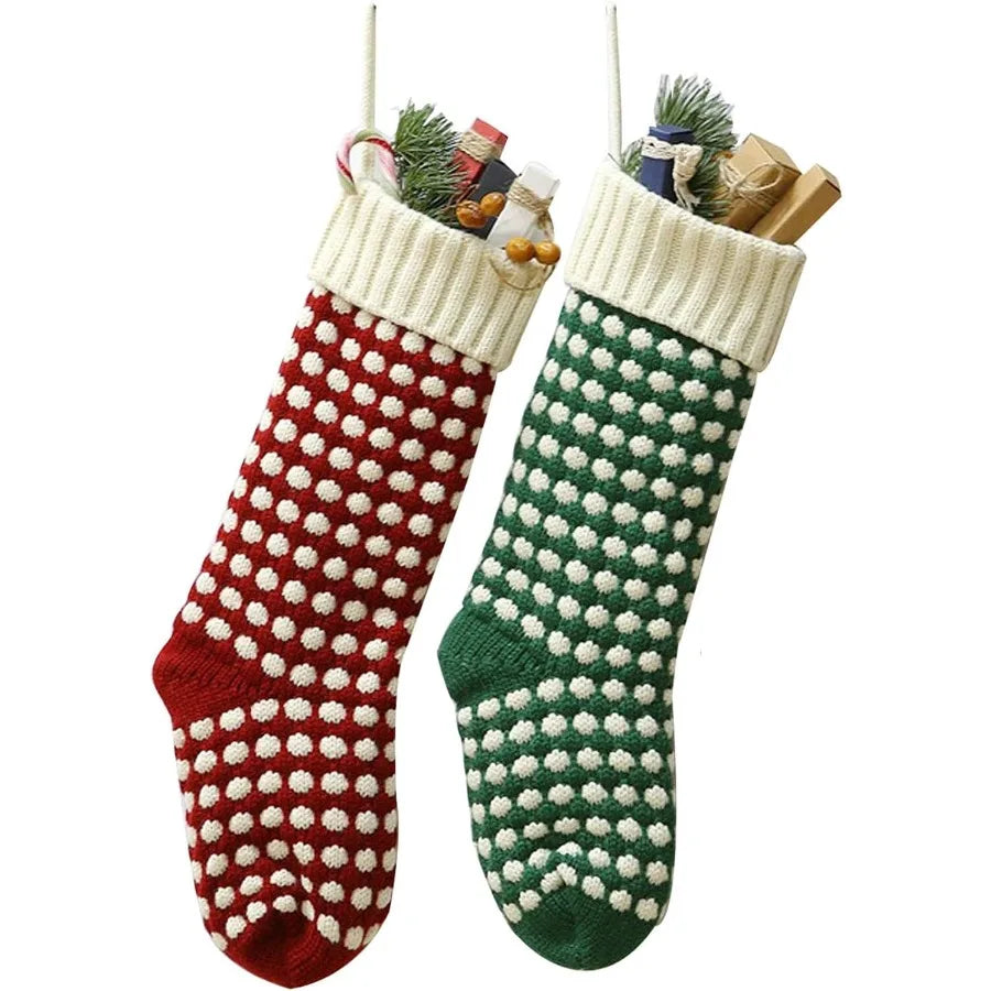 18 Unique Burgundy and Green Knit Christmas Stockings with Dots for Holiday Home Decor