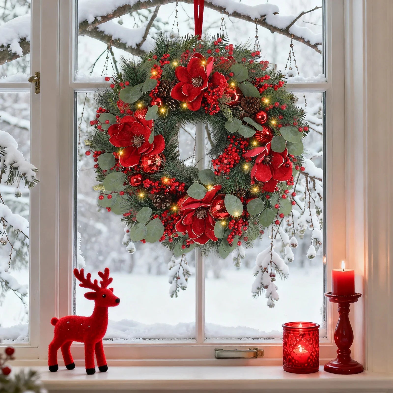 Pre-Decorated 24 Inch Outdoor Christmas Wreath with Artificial Mixed Berry and Poinsettia Design