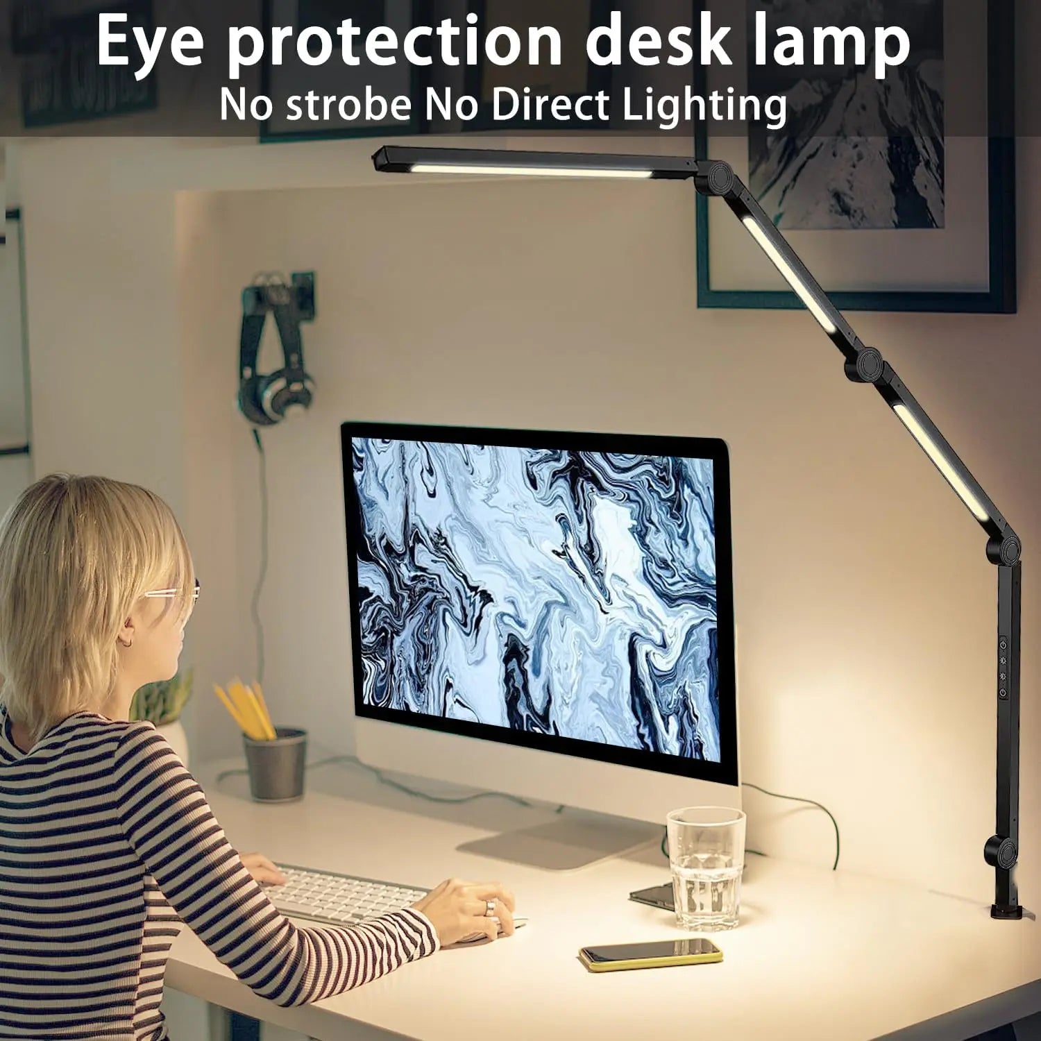 LED Desk Lamp with Clamp Flexible Swing Arm, 4 sections, 3 light sources , 4 Color Modes & 5 Brightness