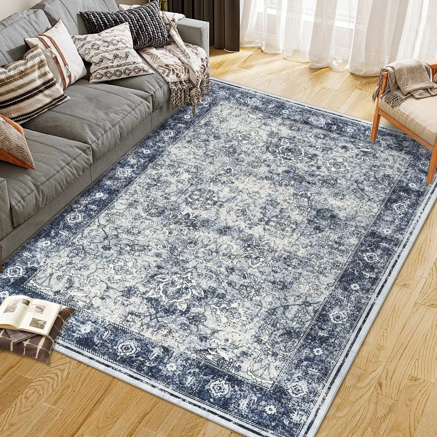 Vintage Retro Washable Area Rug with Distressed Floral Pattern