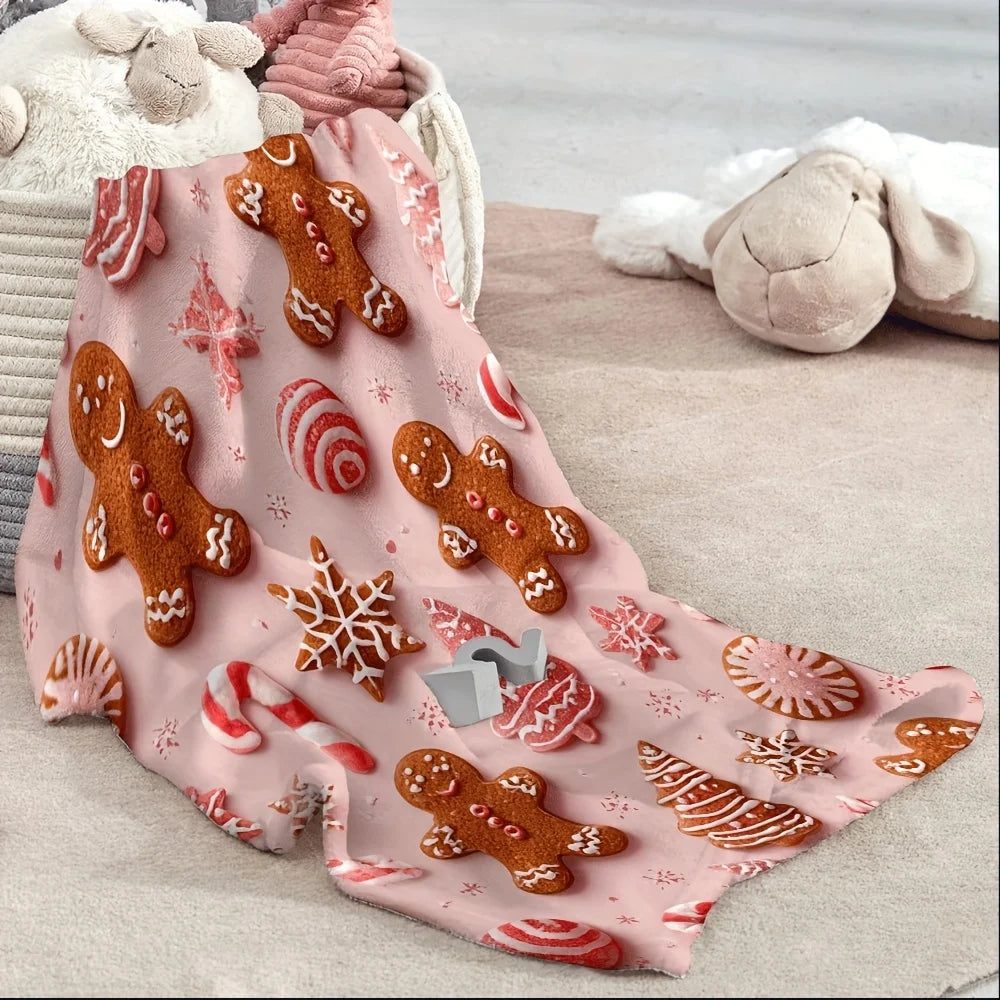 1pc Soft Pink Gingerbread men & Candy stripes Flannel Throw Blanket