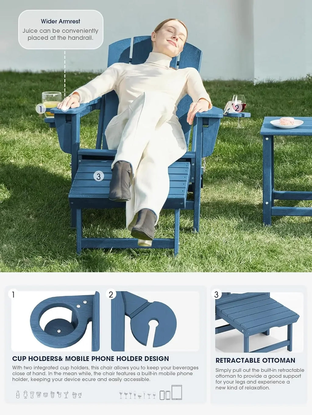 Folding Adjustable Adirondack Chairs with Ottoman & 2 Cup Holders