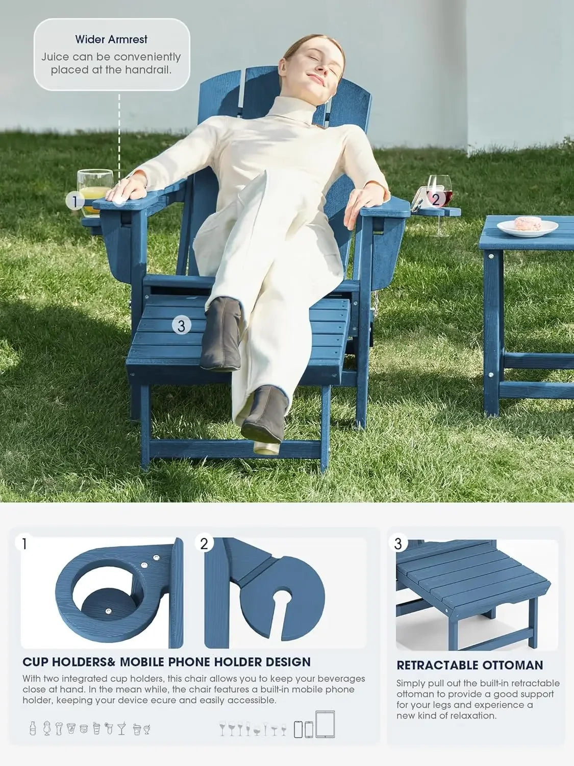 Folding Adjustable Adirondack Chairs with Ottoman & 2 Cup Holders