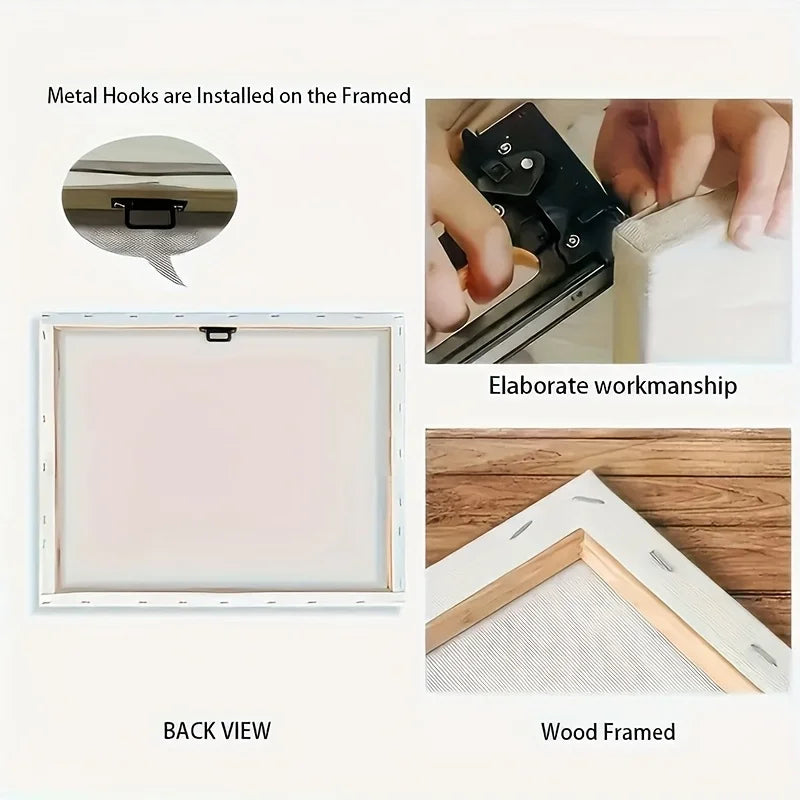 Framed colorful abstract birds and blooming tree watercolor canvas