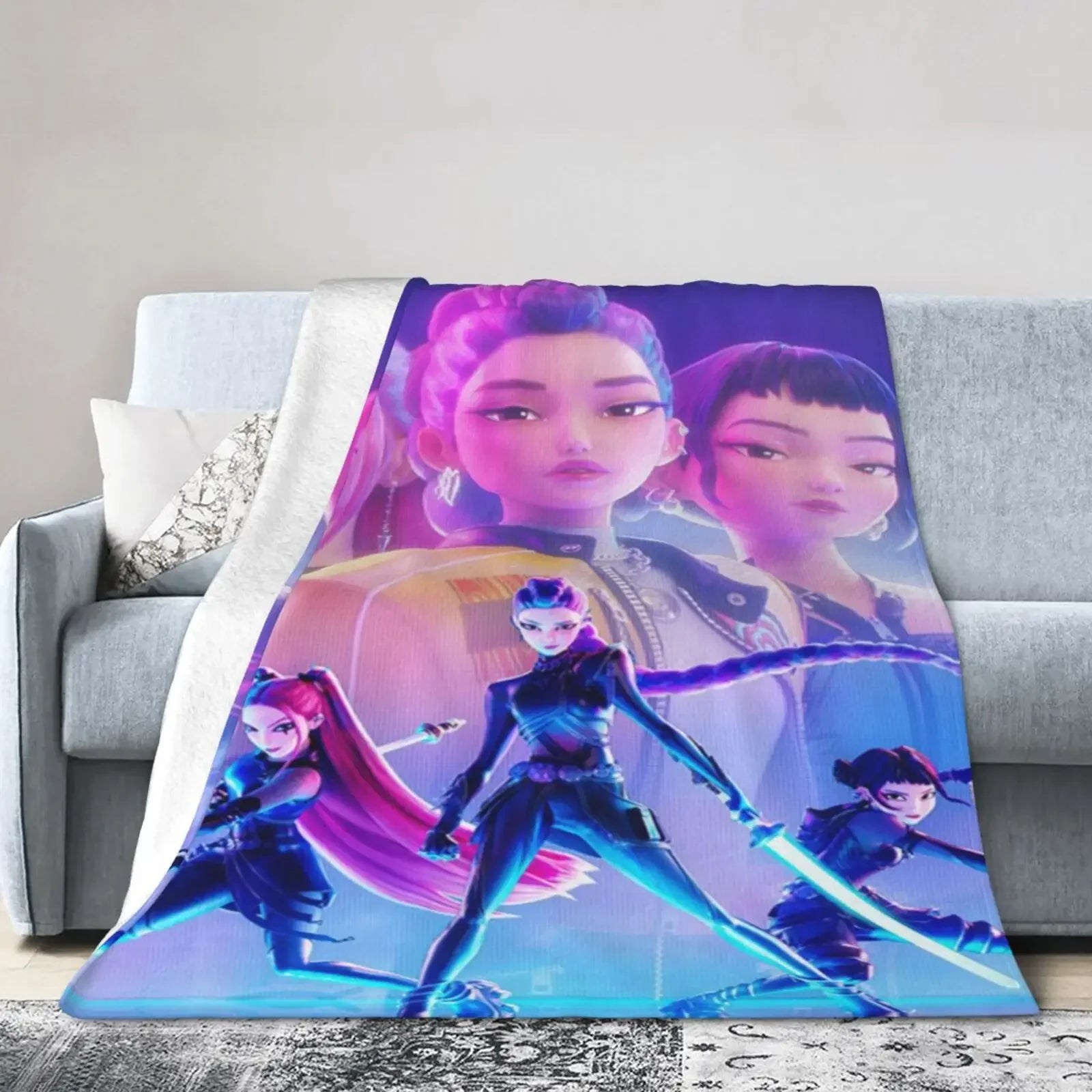 Cool K-Pop Demon Anime Hunter Super Soft Flannel Blanket For Sofa Couch Bedspread,Lightweight Throw Blanket For Living Room