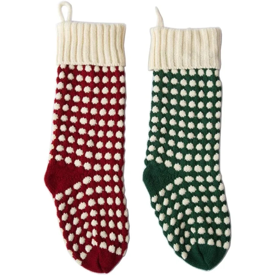 18 Unique Burgundy and Green Knit Christmas Stockings with Dots for Holiday Home Decor