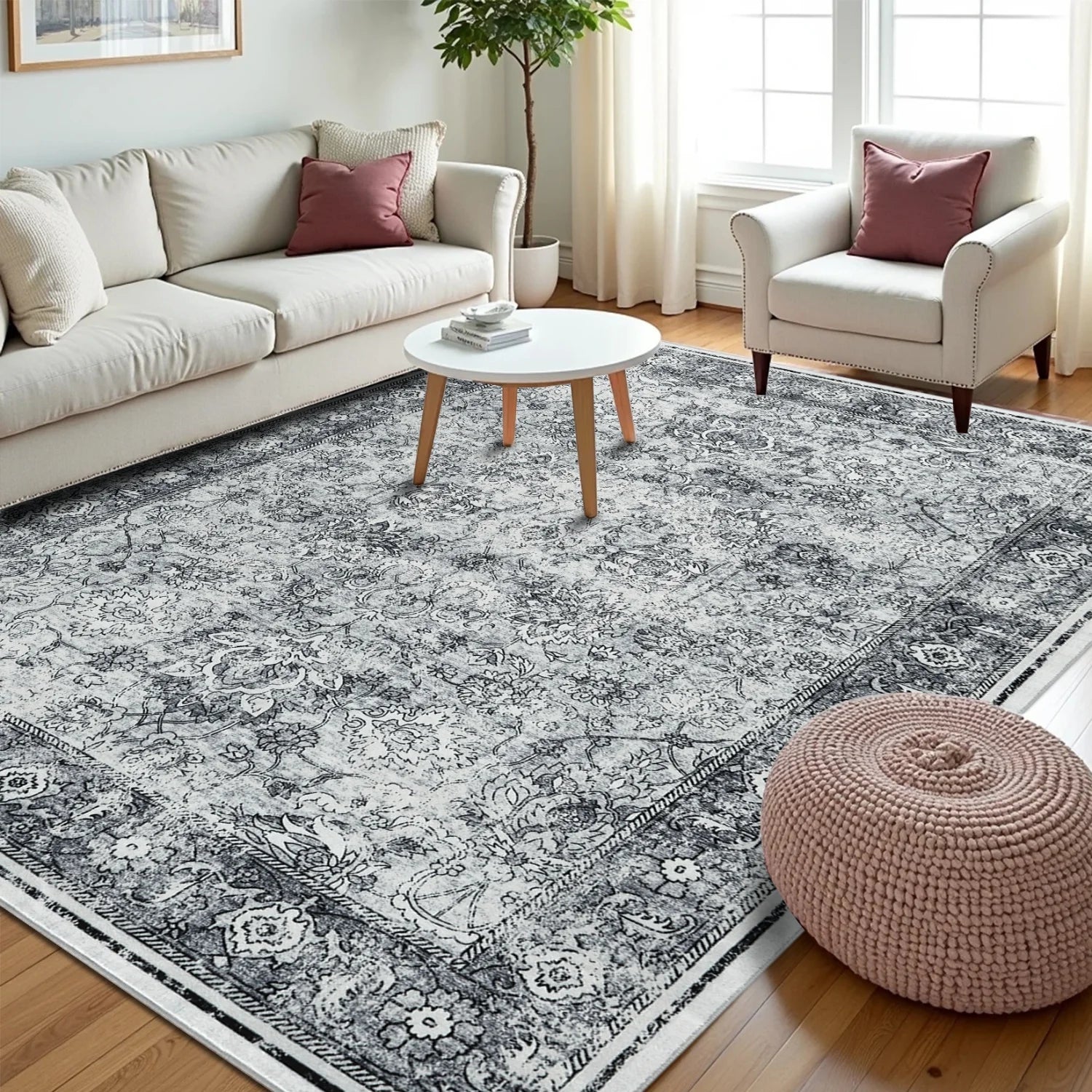Vintage Retro Washable Area Rug with Distressed Floral Pattern