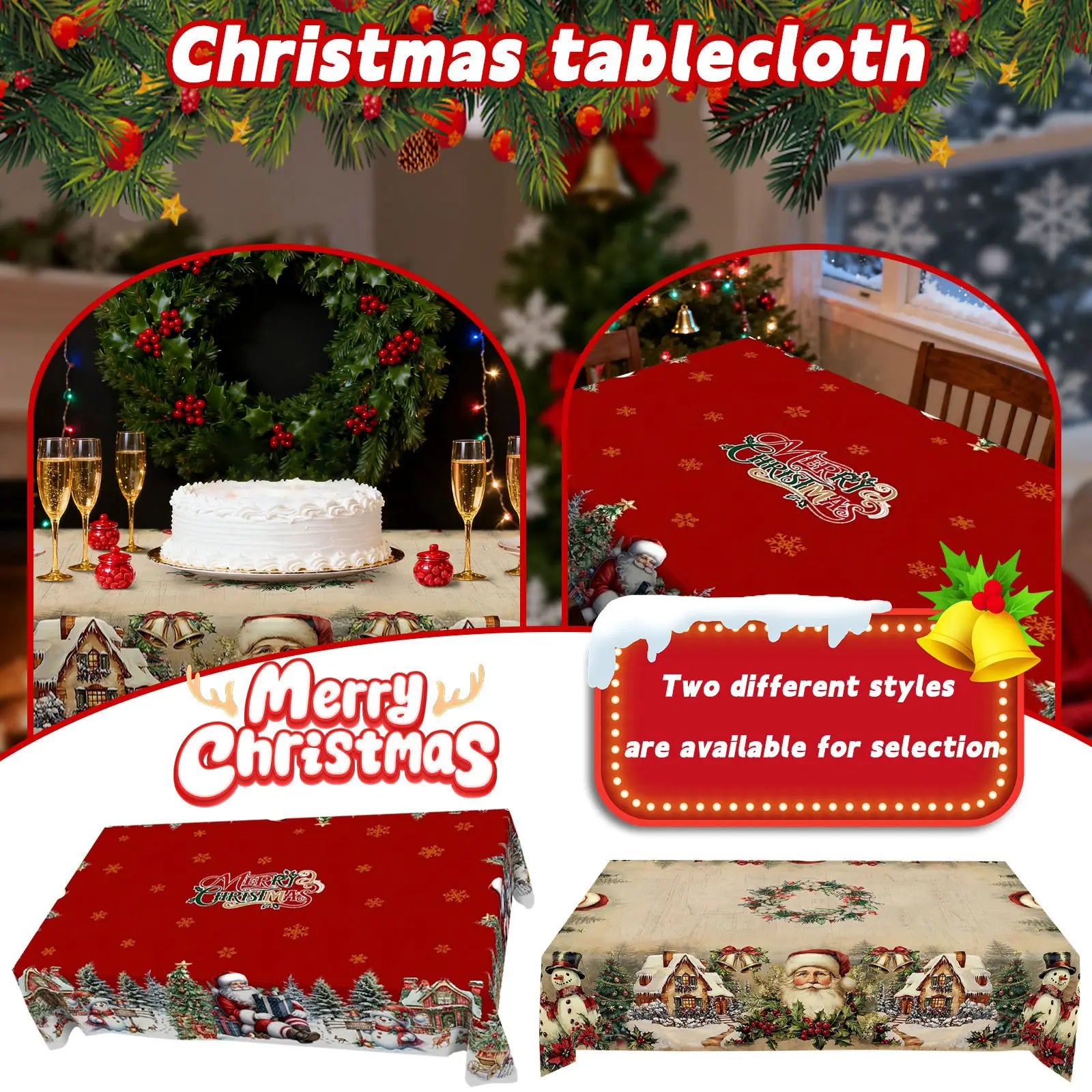 Christmas Tablecloth Featuring Red Snowmen And Christmas Decorations