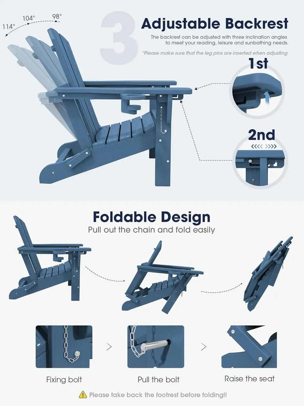 Folding Adjustable Adirondack Chairs with Ottoman & 2 Cup Holders