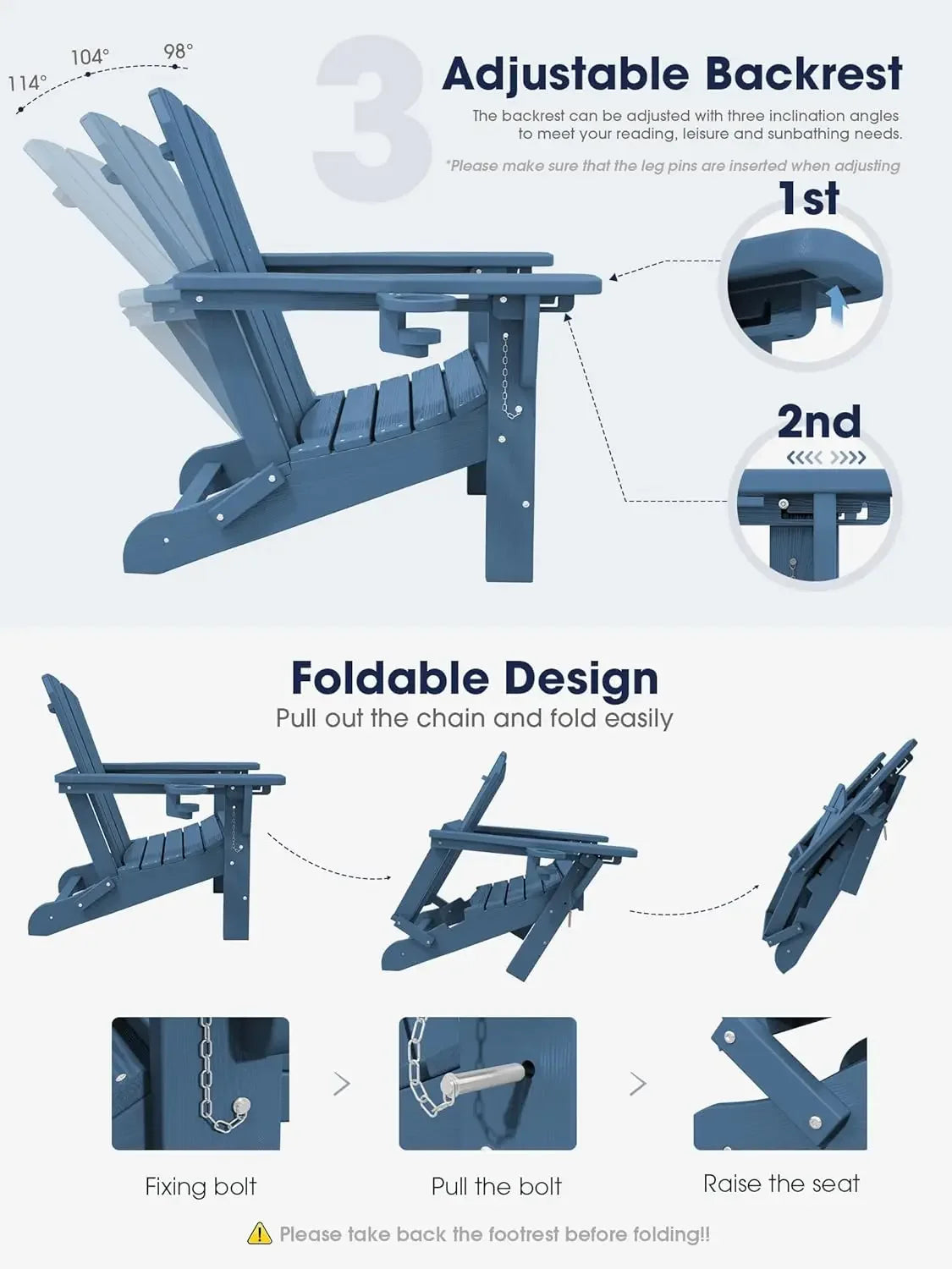 Folding Adjustable Adirondack Chairs with Ottoman & 2 Cup Holders