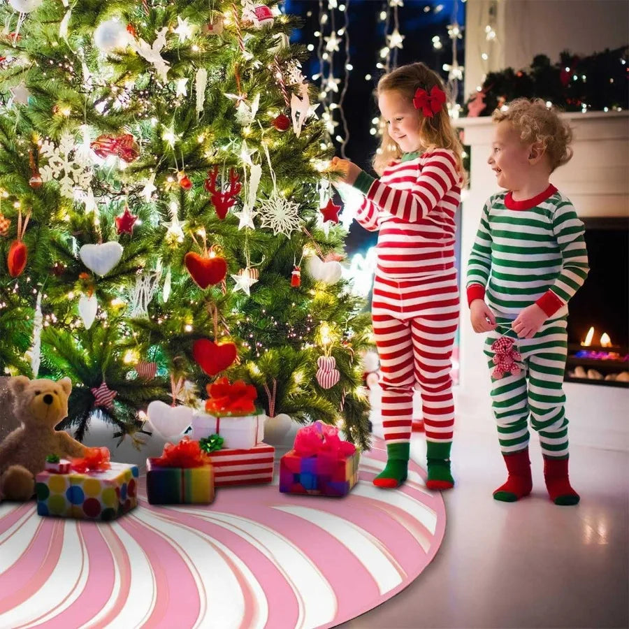 48 Inch Christmas Tree Skirt with  Pink Candy Swirl Stripe Design